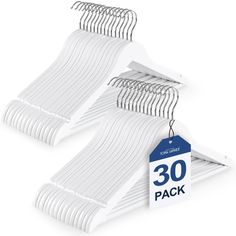 two white clothes hangers with 30 pack tags hanging from the front and back of them