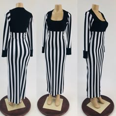 "This item is made to order, please read all the way through the listing before purchasing! Inspired by Tina Carlyle in \"The Mask\". This black and white striped dress has a black bodice and cuffs. Created from four way stretch spandex, it is fitted through the bust, waist and hips, with a long, pencil cut hemline. This dress is unlined, so the white stripes are a bit semi sheer, undergarments should be chosen with care. Womens Sizing (See below for instructions on where measurements should be Tina Carlyle Costume, Chic Fitted Dress With Contrast Stripes, Black Dresses With Contrast Stripes, Chic Fitted Dresses With Striped Hem, Fitted Dresses With Striped Hem For Spring, Fitted Dress With Contrast Stripes For Spring, Fitted Spring Dresses With Contrast Stripes, Spring Fitted Dresses With Contrast Stripes, Spring Fitted Dress With Striped Hem