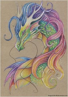 a drawing of a colorful dragon on brown paper