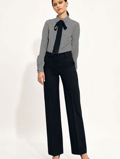 After many seasons of the dominance of slim-fitting pants, models with wide legs, the so-called wide leg, have returned. Pants with loose legs look perfect in a set with a jacket of the same color, creating an elegant total look. The pants have a raised top, so they optically lengthen the silhouette. Spandex 2.1 % Polyester 74.8 % Viscose 23.1 % Size Lenght Hips width Waist width 36 106 cm 95 cm 73 cm 38 106.5 cm 99 cm 77 cm 40 107 cm 103 cm 81 cm 42 107.5 cm 107 cm 85 cm 44 108 cm 111 cm 89 cm Chic Business Casual Pantsuit For Fall, Chic Tailored Wide Leg Pants For Office, Fall Business Wide-leg Pants, Classic Ankle-length Fall Pantsuit, Classic Fall Pantsuit With Ankle-length Pants, Classic Fall Ankle-length Pantsuit, Tailored Wide Leg Fall Pants, Formal Wide Leg Pants For Fall, Elegant Black Wide Leg Pants For Office