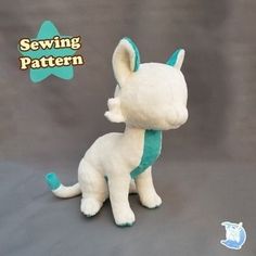 a white stuffed animal sitting on top of a gray background with the words sewing pattern below it