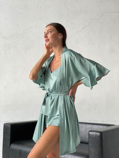 This pajama set made for your comfort and cozy home aesthetic mood. It will perfectly fit for breakfast, relaxing during the day, home party and of course for sleeping! Handmade pajama set will make you feel stylish while offering incredible comfort. It is made from very pleasant and soft fabric This set includes a robe that is as cool and cozy as pajamas. you can order a set or you can separately We can also make pajamas according to your taste and color! This pajama is made for a relaxed fit a Summer Satin Home Sets, Summer V-neck Night Robe, Elegant Sleepwear With Kimono Sleeves For Loungewear, Chic Silk Robe For Sleeping, Chic Summer Sleep Robe, Elegant Wrap Sleepwear For Home, Summer Silk Robe For Sleep, Silk Sleepwear Sets For Summer, Summer Sleepwear With Kimono Sleeves For Home