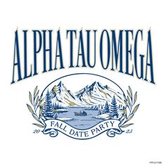 the logo for an event with mountains in the background and blue lettering that reads, alpha