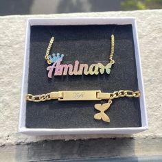 Material: Copper. Color: Gold. Necklcae Chain Length: 14",16",18",20",22". Bracelet Chain Length: 5.5",6.5",7.5",8.5". Process: Gold plated. Recipient: Woman, Mom, Wife, Girl Friend, Children, Family. Product Type: Personalized Jewelry. Gift Type: Set. Occasions: Valentine's Day, Mother's Day, Christmas, Birthday, etc. Jewelry Type: Name Necklace, Name Bracelet. Brand: Silviax Jewelry. Item: 2023S0107 Personalized Multicolor Charm Bracelet For Gift, Multicolor Bracelet Jewelry For Mother's Day, Metal Jewelry With Adjustable Chain Nameplate, Customizable Metal Necklace With Adjustable Fit, Customized Multicolor Jewelry For Jewelry Making, Customizable Adjustable Metal Necklaces, Customizable Adjustable Metal Necklace, Personalized Multicolor Name Bracelet As Gift, Customized Nameplate Metal Jewelry