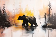 a painting of a bear walking across a lake with trees in the background and an orange sky