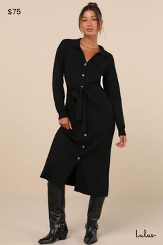 When it comes to autumn aesthetics we say the cozier the better, and that is why the Lulus Charming Comfort Black Collared Button-Up Sweater Dress is an optimal fall 'fit! This chic sweater knit dress starts with a classy collared neckline and long sleeves. A functional button placket and a front patch pocket accent the figure-flaunting bodycon silhouette that falls to a midi hem with twin side slits. A matching tying sash cinches at the waist for a perfect, adjustable fit! Fit: This garment fit Sweater Dress With Belt, Chic Sweater, Collared Sweater, Maternity Outfits, To Autumn, Fall Fit, Black Sweater Dress, Chic Sweaters, Sweater Dress Midi