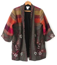 Soft Surroundings Open jacket                                                              . Material -  100% Wool                                     . Lining -  Full                                     . Neck line –  V-line                                     . Sleeve –  3/4 Sleeve                                     . Closure –  Open                                     . Pocket - 2                                       . Style –  Baby-doll/ A-line /Boxy                                     . F Boho Coat, Boho Items, Boho Tunic Tops, Wool Embroidery, Freebird By Steven, Open Jacket, Embroidered Wool, Open Front Jacket, Linen Jacket