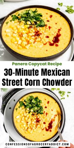 corn chowee in a skillet with text overlay that reads 30 - minute mexican street corn chower