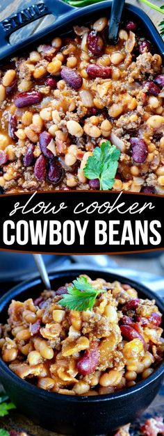 two pictures of cowboy beans in a black bowl