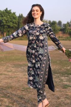 Navy georgette kurta with floral print and sequins embroidery. Comes with pant and a dupatta. - Aza Fashions Summer By Priyanka Gupta, Mithila Palkar, Georgette Kurta, Adah Sharma, Diana Penty, Kurta Set For Women, Kareena Kapoor Khan, Luxury Sale, Kiara Advani