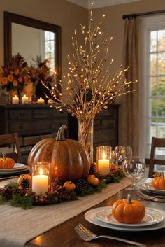 a dining room table decorated with candles and pumpkins