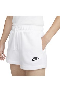 Nike Spring Bottoms With Drawstring, Nike Sporty Shorts With Drawstring, Sporty Nike Shorts With Drawstring, Nike Relaxed Fit Shorts With Elastic Waistband, Comfortable White Nike Bottoms, Casual White Drawstring Pajama Shorts, Casual White Pajama Shorts With Drawstring, Leisure White Cotton Pajama Shorts, White Cotton Pajama Shorts For Leisure