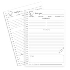 two notebooks with recipe pages on the front and back, one is lined in white paper