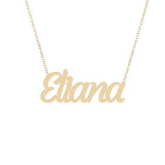 Eliana - Gold Name Necklace Solid 14K gold necklace with a 16 inch 14K gold chain. * 8mm/ 0.31inch height for the capital letter, 5mm/0.19685 inch for the lower case. Diamond Earrings Design, Types Of Gold, Gold Name Necklace, Ruby Engagement Ring, Lower Case, Wedding Bridal Jewellery, 14k Gold Necklace, Rose Engagement Ring, Jewelry Images