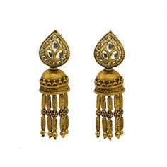 22K Yellow Gold Necklace & Jhumki Earring Set W/ Kundan on Pear Shape Accents & Raining Jhumki Designs for women. This elaborate antique finished design features a v-neck necklace with Kundan on pear shaped accents along with and Jhumki drops with raining details. The earrings have screw back posts for easy wear. The necklace is 15 inches long with a width range of 2.5-17.5 mm. The pendant is 72 mm long and 20 mm wide. Each earring is 54 mm long and 15.5 mm wide. This decadent set has a total go Traditional 22k Gold Bridal Earrings For Festive Occasions, Yellow Gold Meenakari Jhumkas For Diwali, 22k Gold Jhumkas For Ceremonial Navratri, Gold Chandbalis With Cutdana Detail, Navratri Yellow Gold 22k Jhumkas, Traditional Yellow Gold Jhumkas For Wedding, Festive 22k Gold Jhumkas For Ceremonial Occasions, Ceremonial 22k Gold Jhumkas For Festive Occasions, Festive 22k Gold Jhumkas