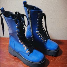 Dolls Kill Blue Combat Boot Size 5 Blue Synthetic Boots With Round Toe, Casual Blue Platform Boots, Blue Goth Outfits, Blue Combat Boots, Coraline Costume, Chunky Combat Boots, Dolls Kill Shoes, Goth Boots, Platform Combat Boots