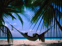 a person laying in a hammock on the beach