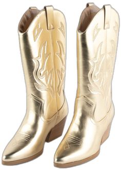 Trendy Gold Boots For Fall, Gold Boots With Round Toe For Winter, Gold Western Boots For Winter, Trendy Gold Boots For Spring, Gold Pointed Toe Summer Boots, Gold Casual Boots For Party, Casual Gold Boots For Party, Gold Snip Toe Boots For Fall, Casual Gold Pointed Toe Boots