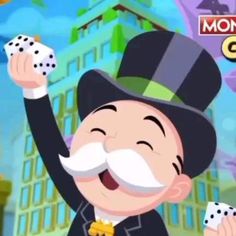 a cartoon character holding two dices in one hand and wearing a top hat on the other