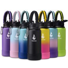 thermos bottles are lined up in different colors and designs, with rubber bands around them