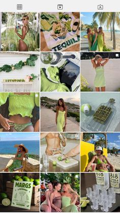 the collage shows many different pictures with people in green outfits and one is holding a tennis racket