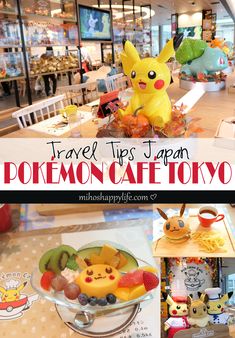 the inside of a restaurant with pokemon statues and food on display in front of it