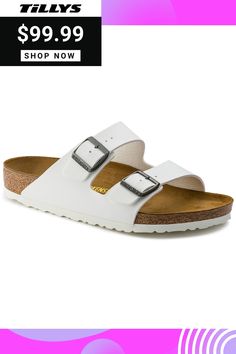 Birkenstock Arizona Sandals. The Birkenstock Arizona Is A Genuine Classic That Has Been Delighting Both Men And Women For Decades. This Simple Sandal With Two Straps Stands For Timeless Design And Has Long Held Cult Status Thanks To Its Comfort Factor. The Upper Is Made From The Skin-Friendly, Hard-Wearing Synthetic Material Birko-Flor®. -narrow Width (fits Like A Us Medium Width) -anatomically Shaped Cork-Latex Footbed -upper: Birko-Flor® -footbed Lining: Suede -sole: Eva -details: Two Straps, Classic White Sandals With Cork-bed Midsoles, Classic White Footbed Sandals For Spring, Birkenstock Sandals Arizona, Simple Sandals, Birkenstock Arizona, White Sandals, Birkenstock, Arizona, Timeless Design