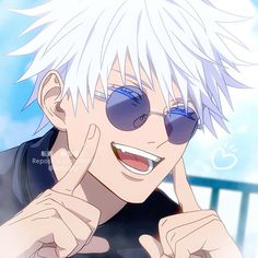 an anime character with white hair and sunglasses