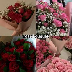 four different bouquets of roses are shown in this collage with the words rose bouquet