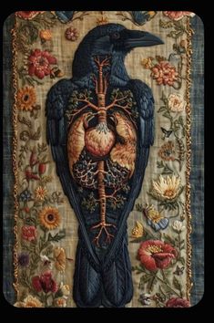 a painting of a black bird with flowers on it's chest and the skeleton in its stomach