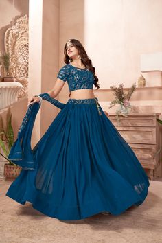 Teal Blue Faux Georgette Multi Sequins Embroidered Lehenga Choli Set with Dupatta Teal Blue Lehenga, Sequins Lehenga, Georgette Lehenga, Lehenga Fabric, Work Lehenga, Georgette Dupatta, Blue Lehenga, Embroidered Lehenga, Anarkali Kurta