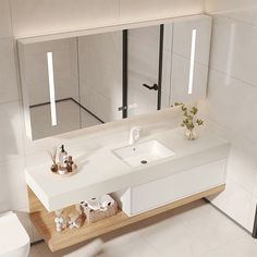 a bathroom with a sink, mirror and toilet