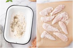 two pictures side by side one shows raw chicken and the other shows uncooked chicken