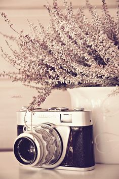 an old camera sitting next to a vase with flowers in it