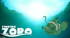 an animated image of a fish swimming in the ocean with words finding zoro on it