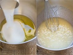 two pictures showing how to make batter in a mixing bowl