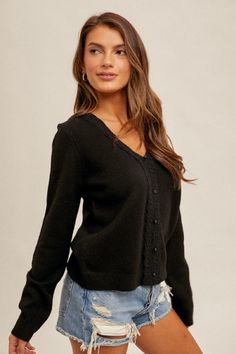 Stay cozy and chic in our For Keeps Lace Trim Sweater. Featuring a delicate lace detail and a soft, knit v-neck design, this black sweater is a must-have for any fashionista. Don't miss out on its gorgeous texture and warmth. Fits true to size 74% ACRYLIC 22% POLYESTER 4% SPANDEX Lace Trim Sweater, For Keeps, Layered Sweater, Black Sweater, Stay Cozy, Denim Pants, Neck Designs, Long Tops, Dress Accessories