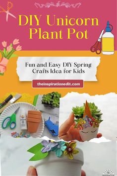 the instructions for how to make an unicorn plant pot with paper and crafting supplies