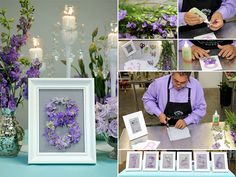 the man is working on his crafts in front of some flowers and other things that are around him