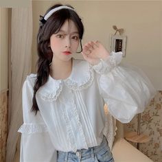 Hnewly Sweet Lolita Long Sleeve White Shirts Women Japanese Lace Ruffl – hnewly Girly Tops, Ripped Jeans Style, Lace Long Sleeve Shirt, Princess Shirt, Women White Blouse, Doll Collar, Kawaii Doll, White Shirts Women, Sleeves Blouse