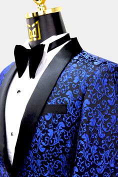 Royal Blue And Black Suit, Blue Blazer Outfit Men Wedding, Dark Blue Tux, Blue Blazer Outfit Men, Paisley Tuxedo, Blue Blazer Outfit, Blue Tux, Royal Blue Blazers, Blue Suit Jacket