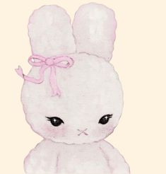 a drawing of a white rabbit with a pink bow on its head and big eyes