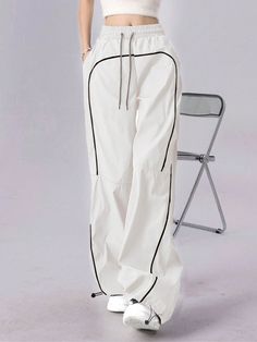 White Casual Collar  Woven Fabric Plain Parachute Embellished Non-Stretch  Women Clothing Stretch Wide Leg Cargo Pants With Drawstring, White Baggy Drawstring Pants, Baggy Ankle-length Parachute Pants With Drawstring, White Drawstring Trousers, White Drawstring Cargo Pants For Summer, Cotton Stretch Parachute Pants With Drawstring, White Summer Cargo Pants With Drawstring, Stretch Cotton Parachute Pants With Drawstring, White Baggy Ankle-length Cargo Pants