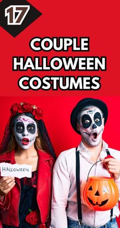 two people dressed up in halloween costumes with the words couple halloween costumes written on them