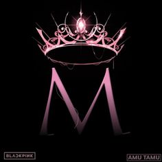 a pink tiara on top of a black background with the letter m below it