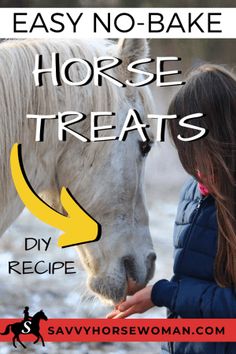 a girl feeding a horse with the words easy no bake horse treats