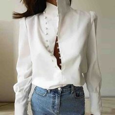 Woman Blouse Fashion, Stand Collar Blouse, Stand Collar Top, Fall Blouse, Puff Long Sleeves, White Long Sleeve Shirt, Collar Top, Collar Blouse, White Long Sleeve