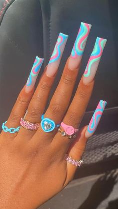 Difficulty: Medium     Pretty swirl nails I painted using my dailycharme.com ‘Art Liner Brush’ use my unlimited discount code ‘ADOREA’ for savings! 💗 link in bio, use the search feature to find it easy :) #squarenails #blueswirlnails #nailartideas #easynailideas #easynailart #acrylicnails #bluenailinspo #pinknailinspo #graduationnails #vacationnails #simplenails #pinkswirlnails #creativenails #pinkacylic #summernails2022 #simplenails #turquoisenails #pinkandbluenails #fallnails22 #fallnails2022 #longacrylicnails #coolnailideas #longnails #funnailideas #swirlfrenchtips Pretty pink and blue trendy swirls nails gender reveal nails Long Tapered Square Acrylic Nails Solid Color, Icing Nails, Xl Nails Design, Lsd Nails, Nails Styles, 2023 Nails