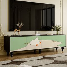 a living room with a large mirror on the wall and an art deco cabinet in front of it