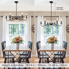 two pictures of a dining room table and chairs with flowers in vases on them